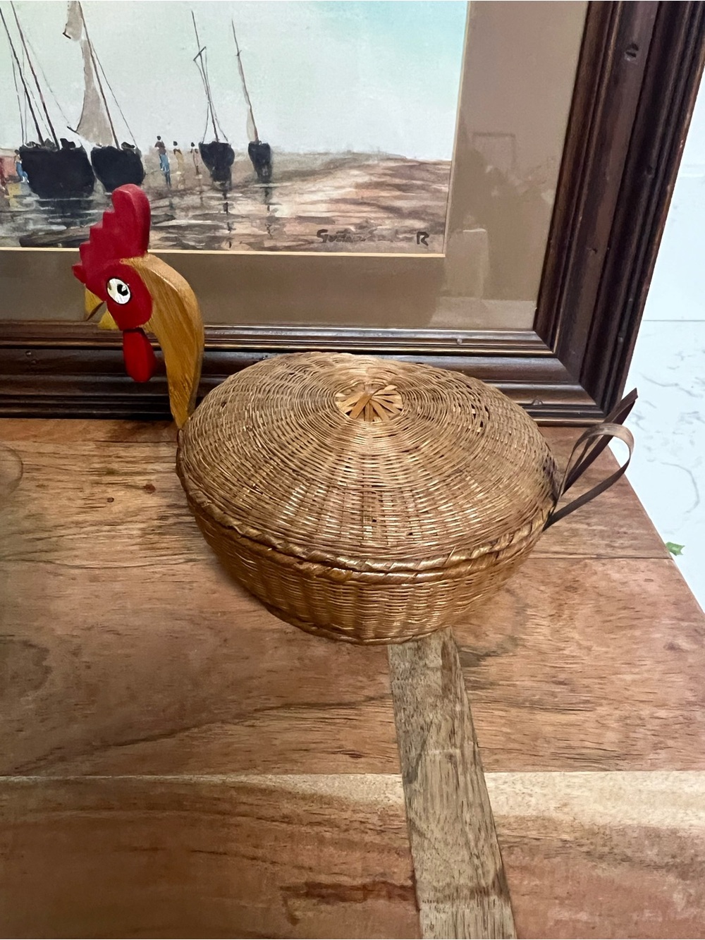 Vintage Rooster Woven Rattan Lidded Basket - Natural Brown
